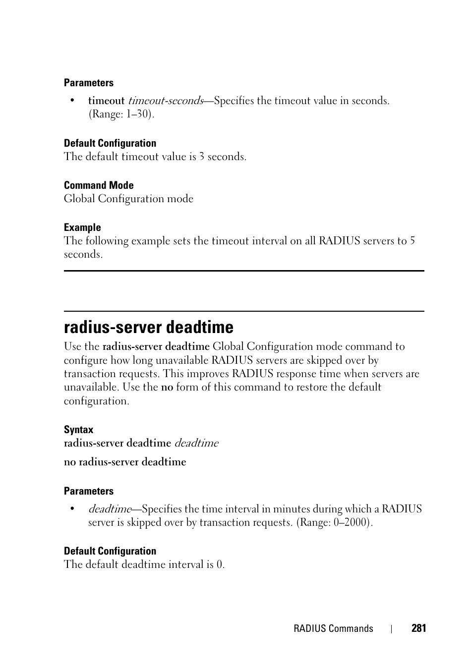 Radius-server deadtime | Dell PowerEdge VRTX User Manual | Page 281 / 832