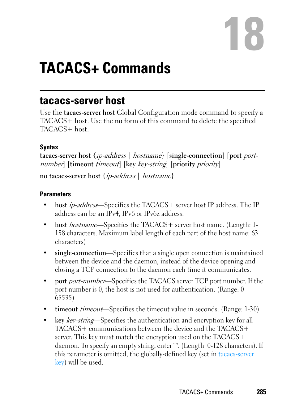 Tacacs+ commands, Tacacs-server host, 16 tacacs+ commands | Dell PowerEdge VRTX User Manual | Page 285 / 832