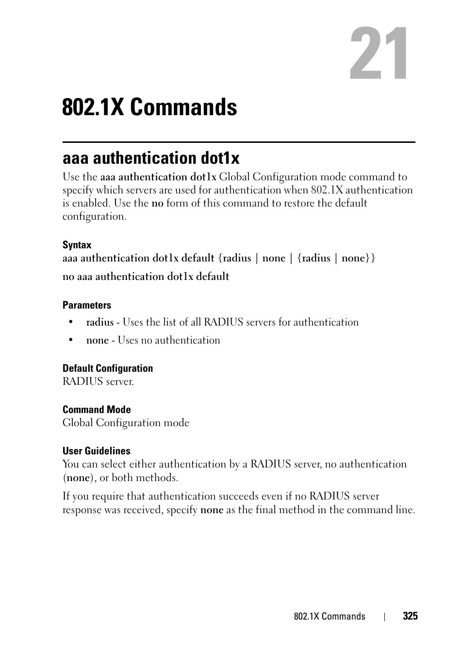 1x commands, Aaa authentication dot1x, 19 802.1x commands | Dell PowerEdge VRTX User Manual | Page 325 / 832