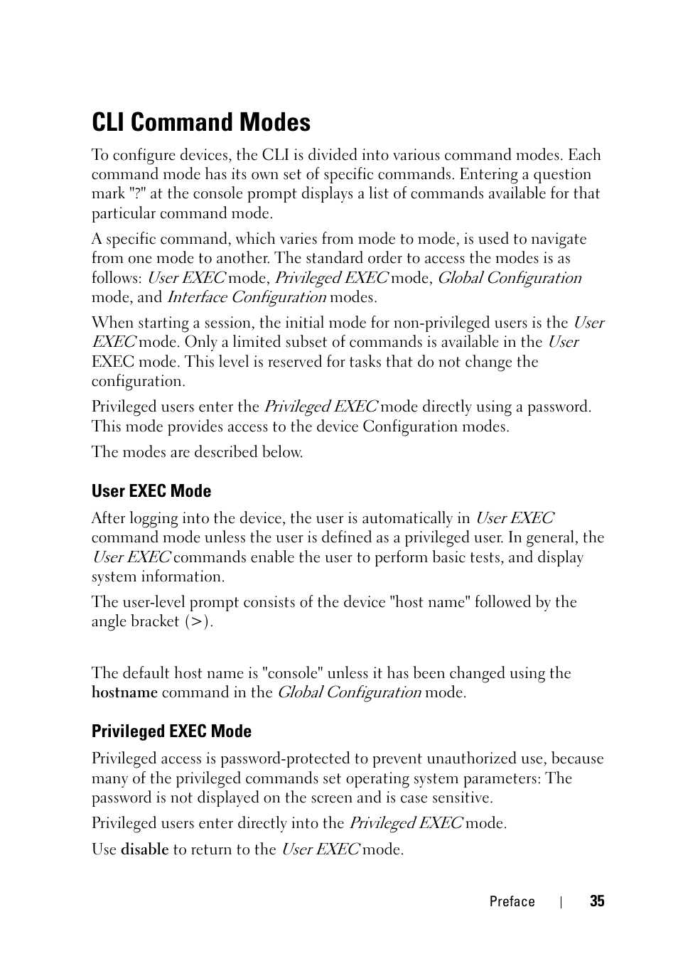 Cli command modes, User exec mode, Privileged exec mode | Dell PowerEdge VRTX User Manual | Page 35 / 832