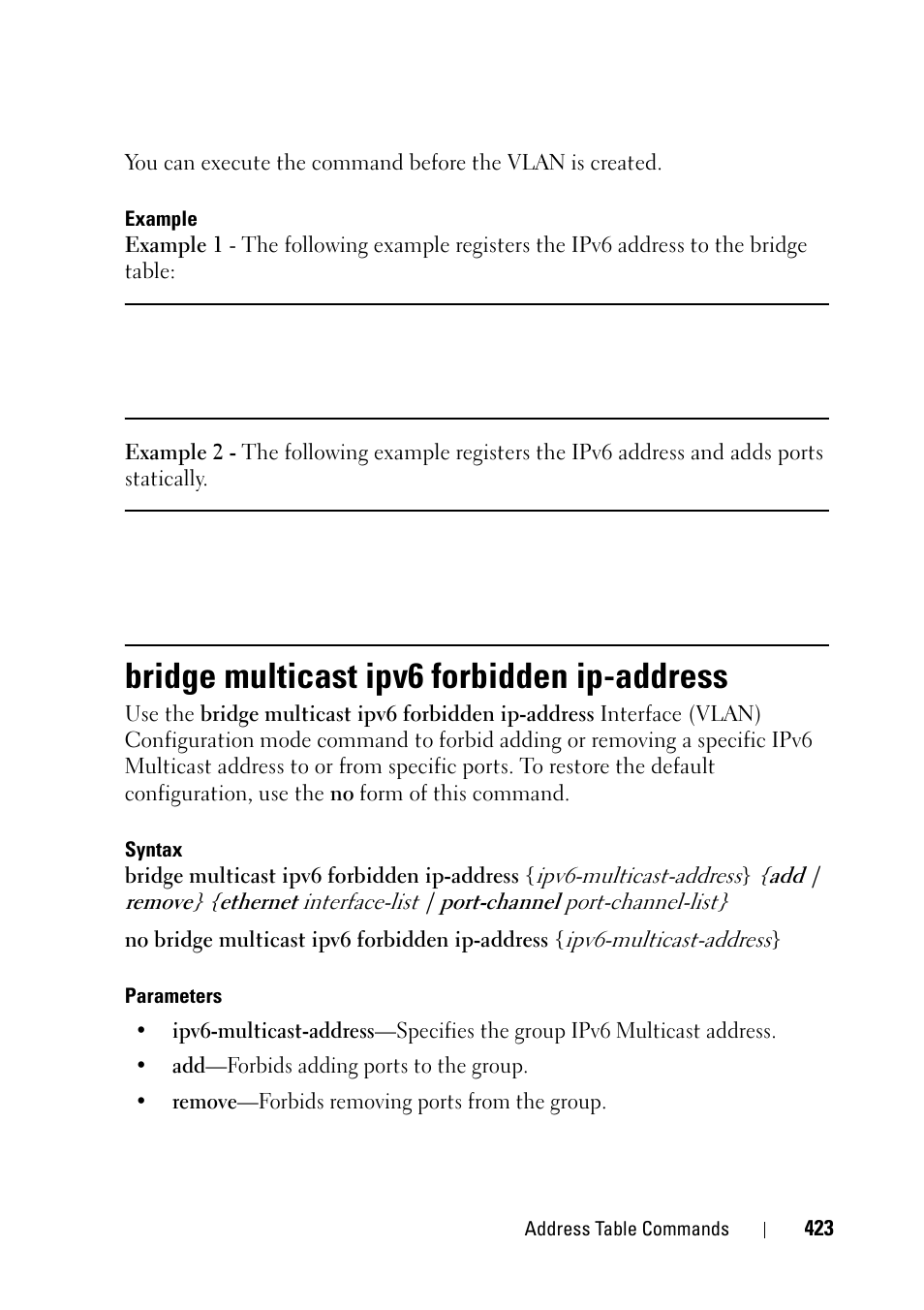 Bridge multicast ipv6 forbidden ip-address, Bridge multicast ipv6 forbidden, Ip-address | Dell PowerEdge VRTX User Manual | Page 423 / 832