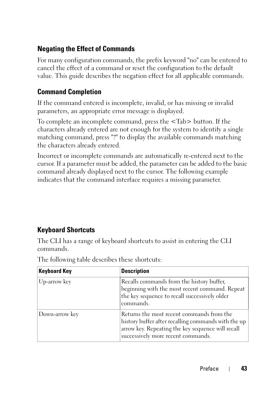 Negating the effect of commands, Command completion, Keyboard shortcuts | Dell PowerEdge VRTX User Manual | Page 43 / 832