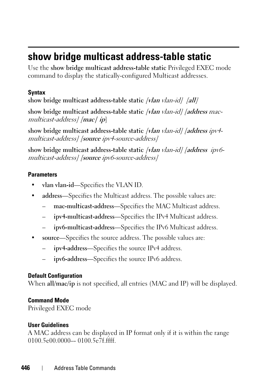 Show bridge multicast address-table static | Dell PowerEdge VRTX User Manual | Page 446 / 832