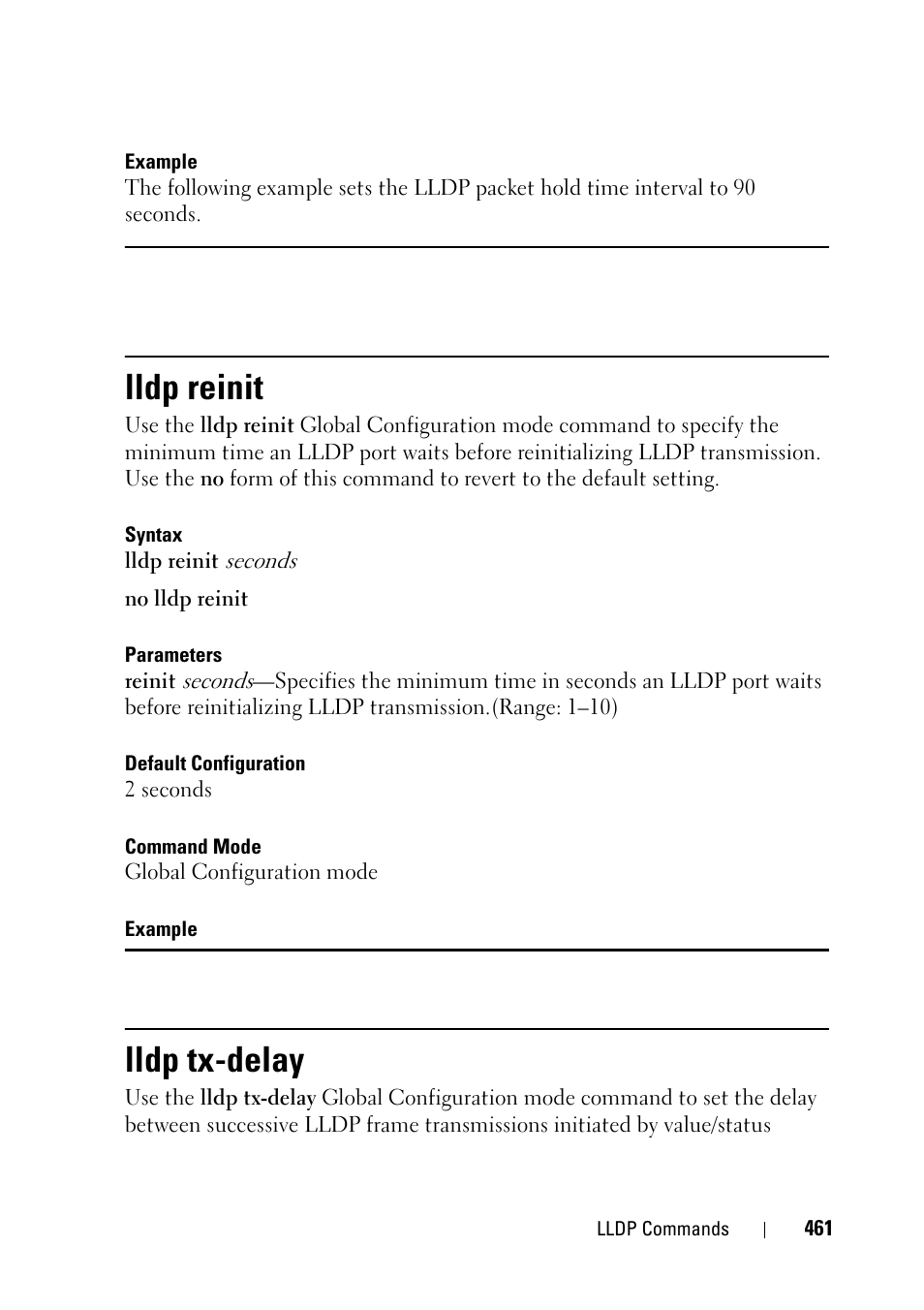 Lldp reinit, Lldp tx-delay | Dell PowerEdge VRTX User Manual | Page 461 / 832