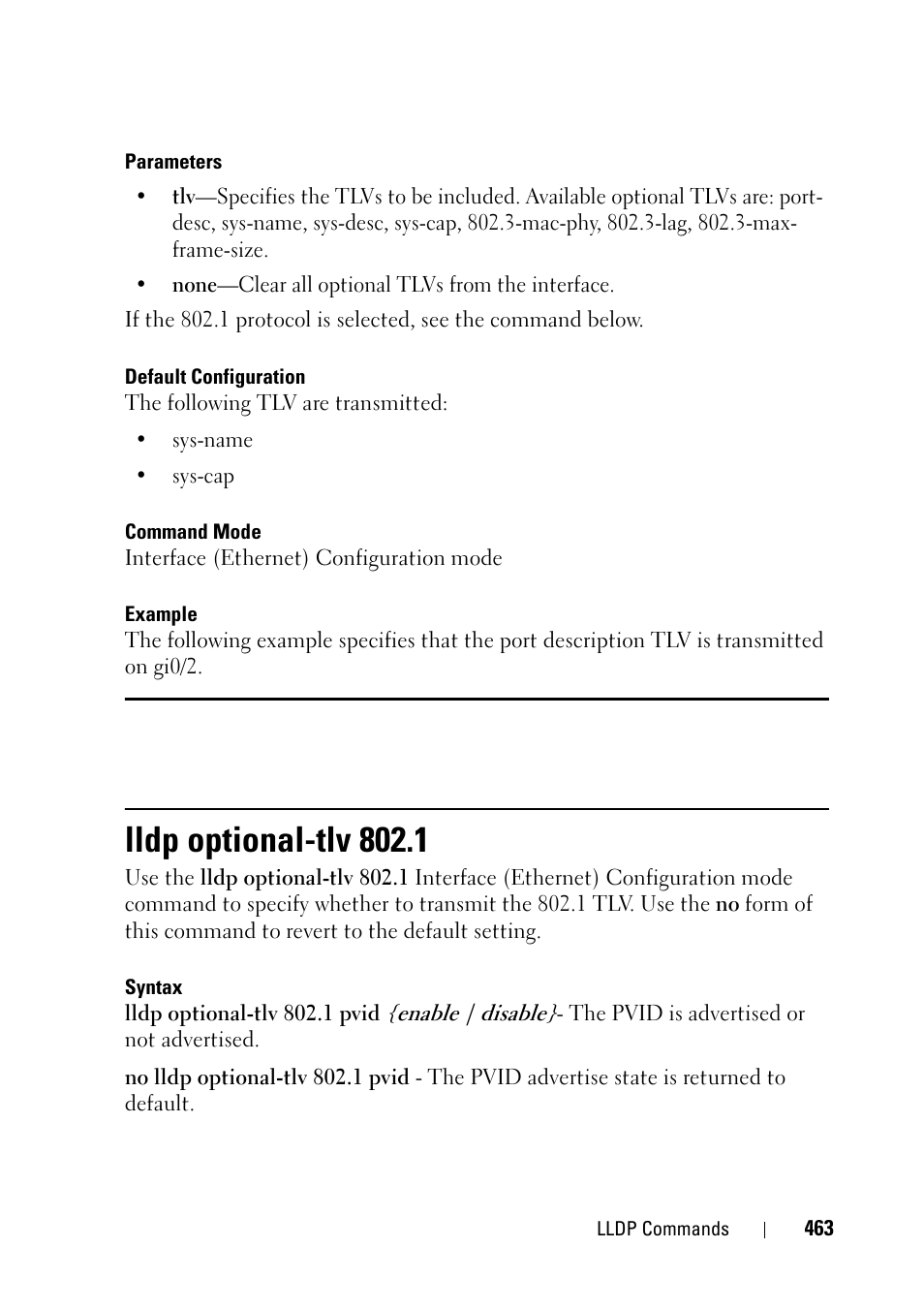 Lldp optional-tlv 802.1 | Dell PowerEdge VRTX User Manual | Page 463 / 832