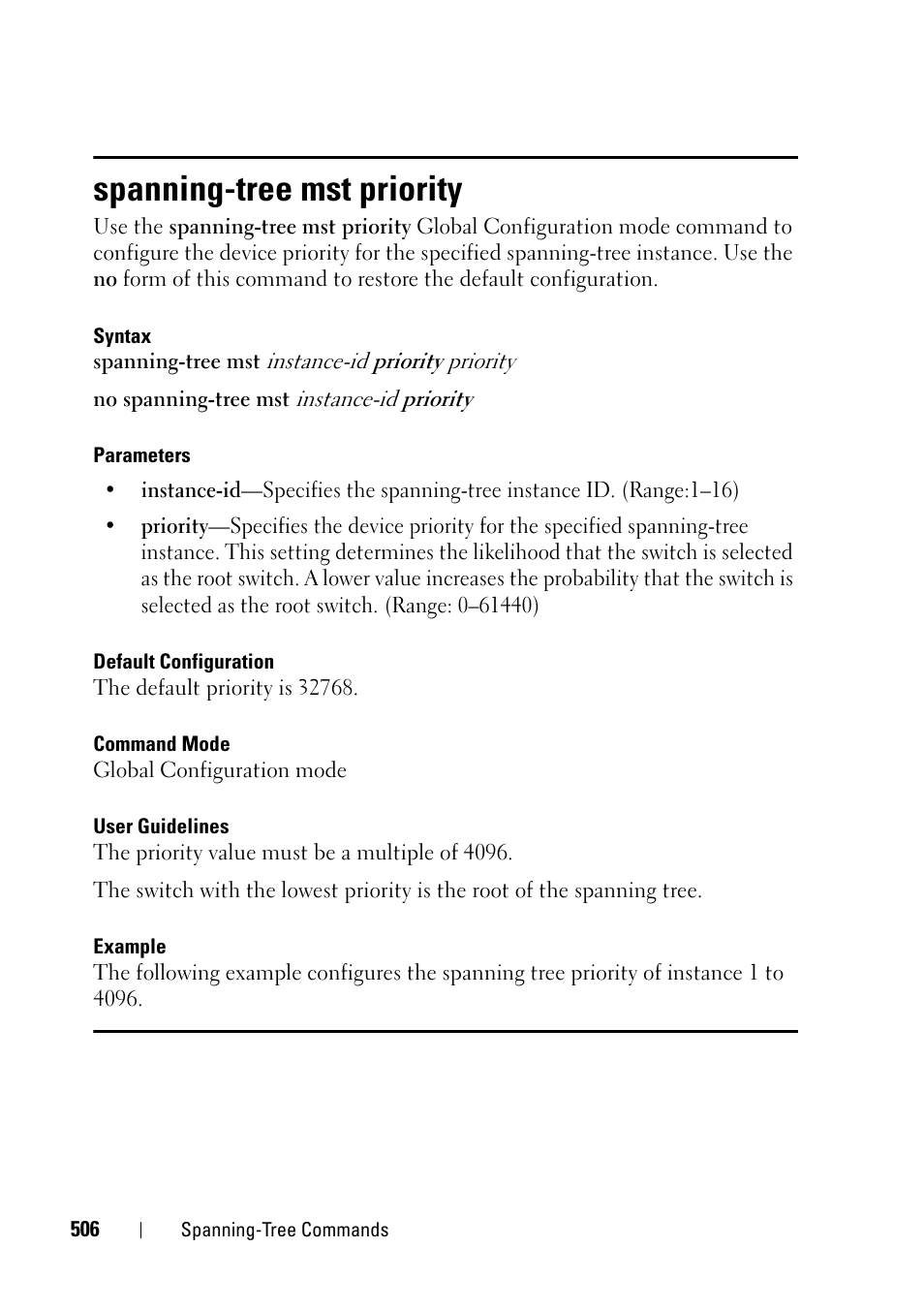 Spanning-tree mst priority | Dell PowerEdge VRTX User Manual | Page 506 / 832