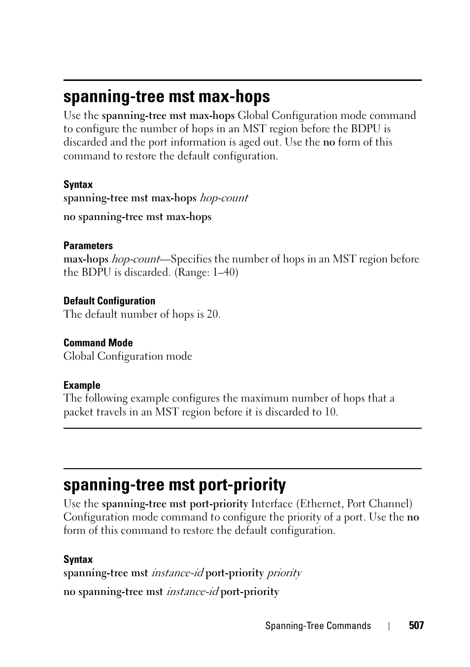 Spanning-tree mst max-hops, Spanning-tree mst port-priority | Dell PowerEdge VRTX User Manual | Page 507 / 832