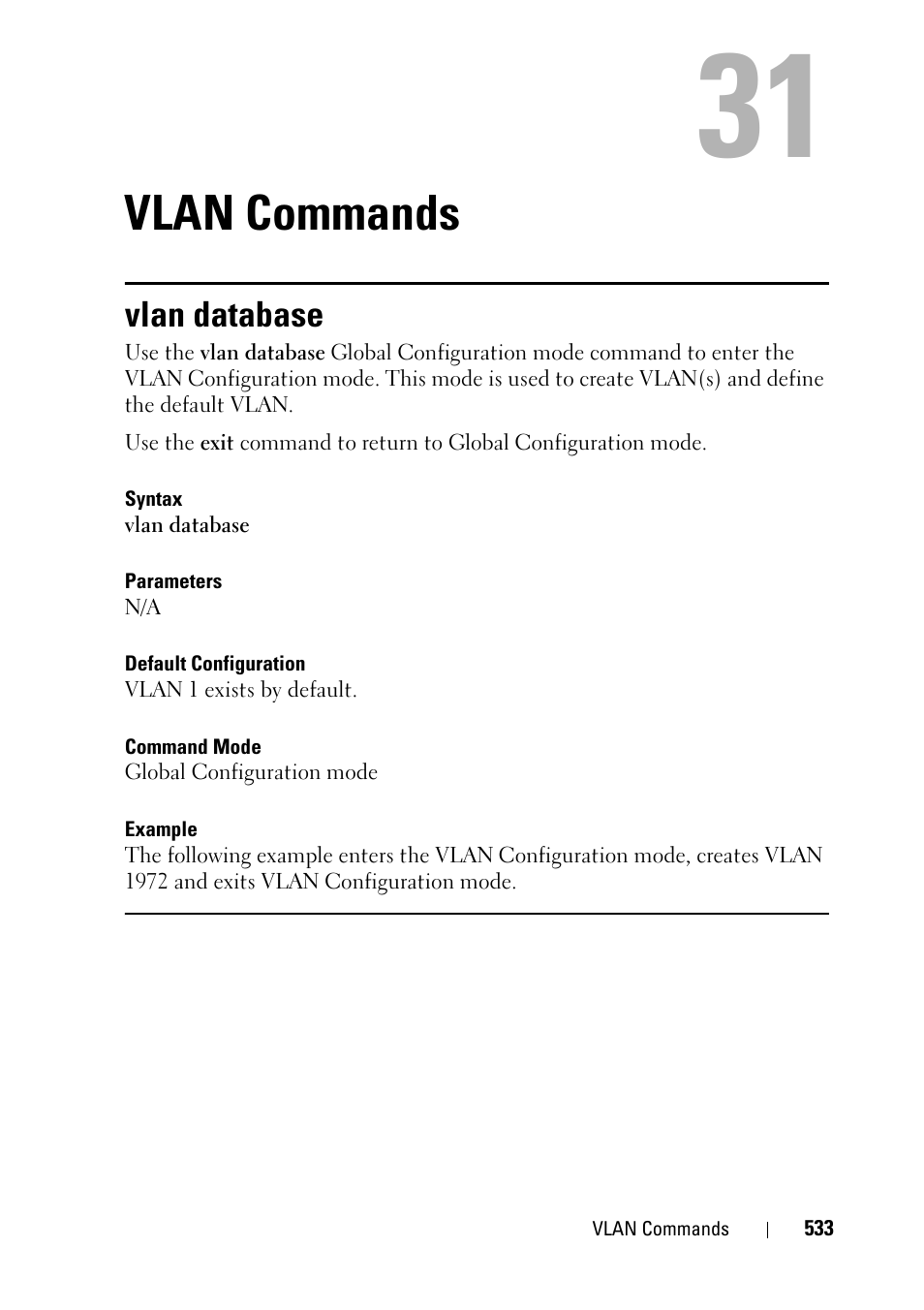 Vlan commands, Vlan database, 29 vlan commands | Dell PowerEdge VRTX User Manual | Page 533 / 832