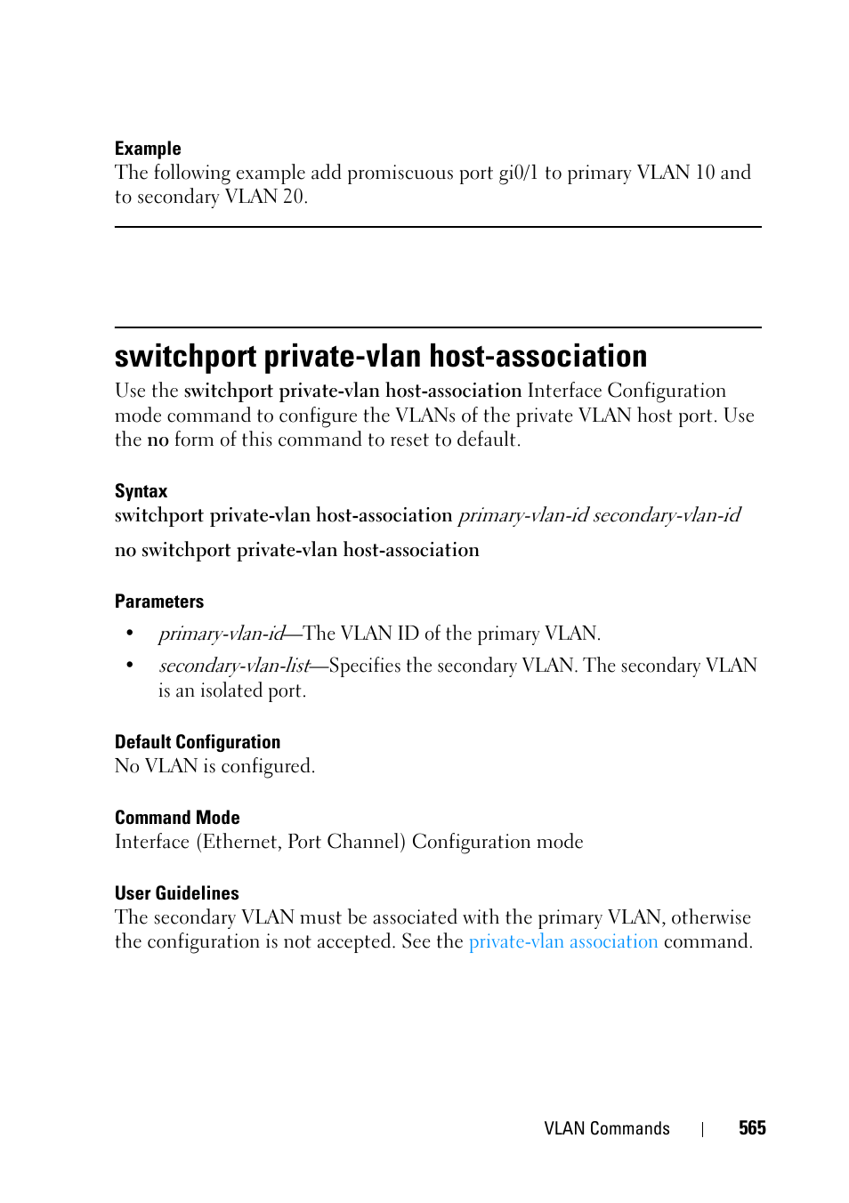 Switchport private-vlan host-association | Dell PowerEdge VRTX User Manual | Page 565 / 832