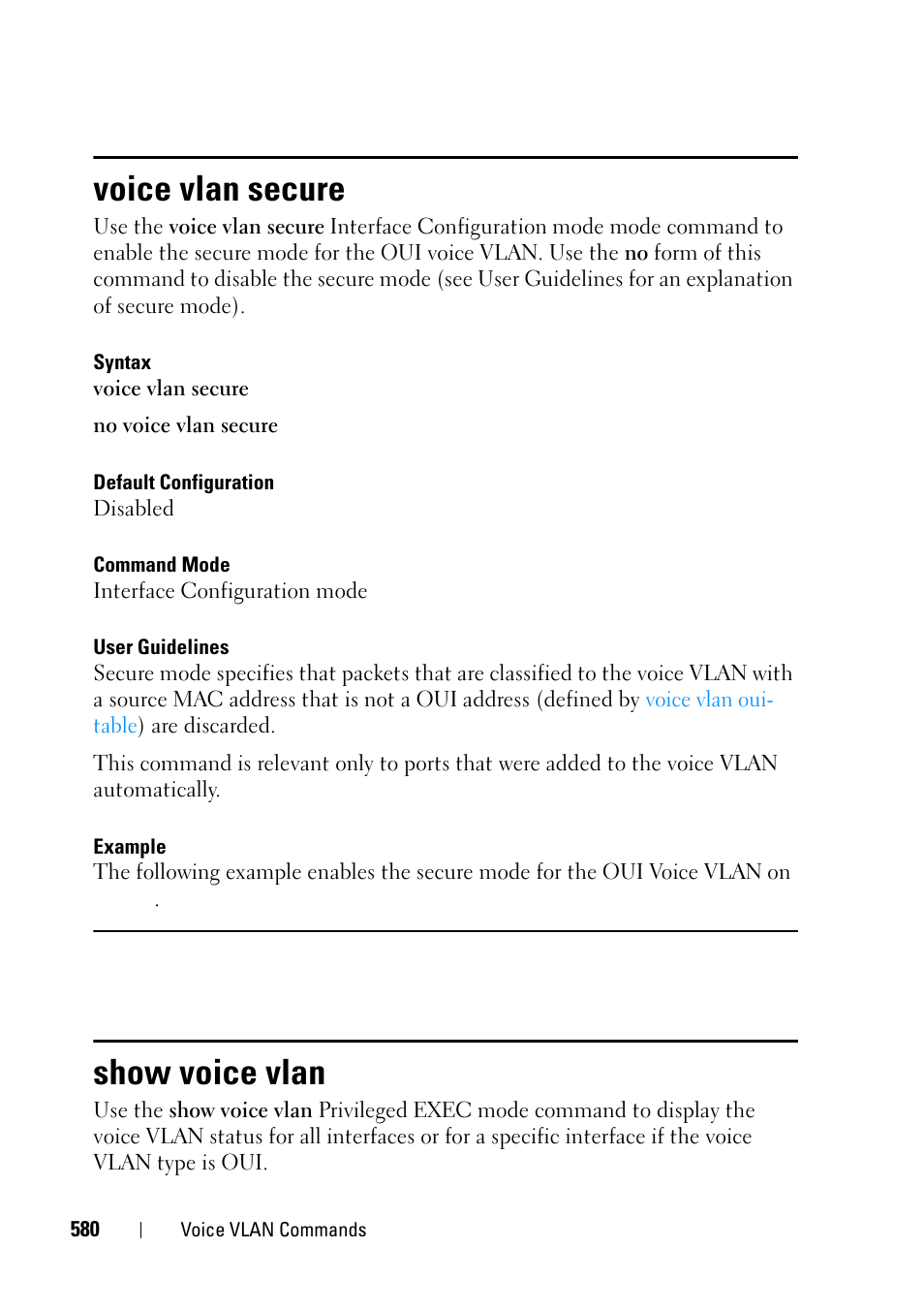 Voice vlan secure, Show voice vlan | Dell PowerEdge VRTX User Manual | Page 580 / 832