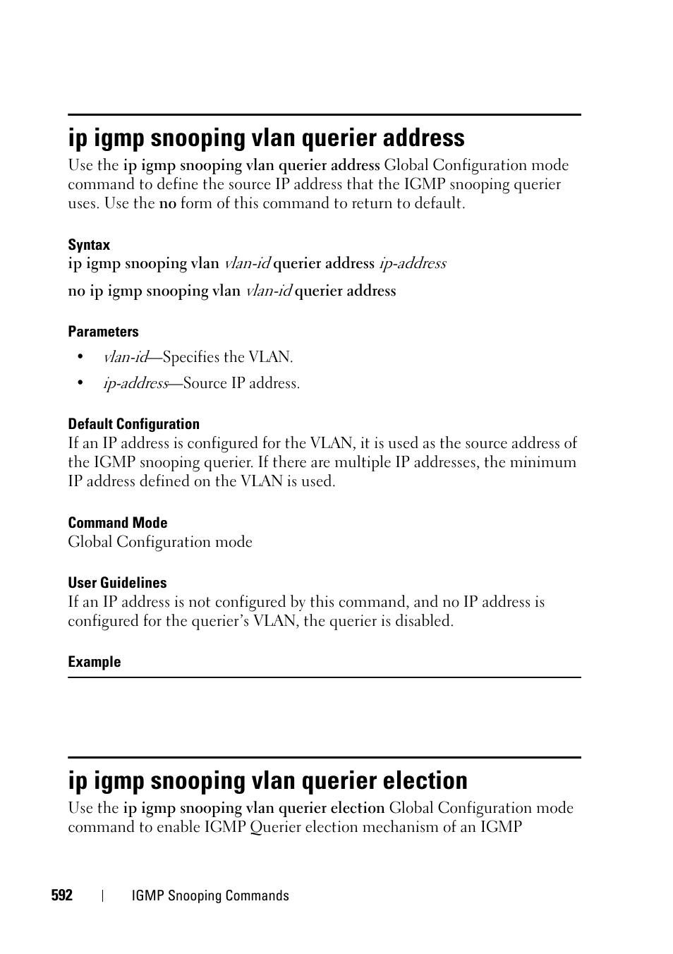 Ip igmp snooping vlan querier address, Ip igmp snooping vlan querier election | Dell PowerEdge VRTX User Manual | Page 592 / 832