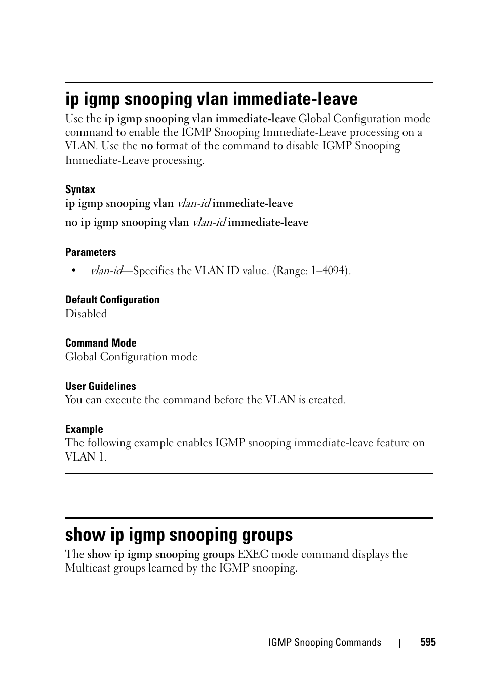 Ip igmp snooping vlan immediate-leave, Show ip igmp snooping groups | Dell PowerEdge VRTX User Manual | Page 595 / 832