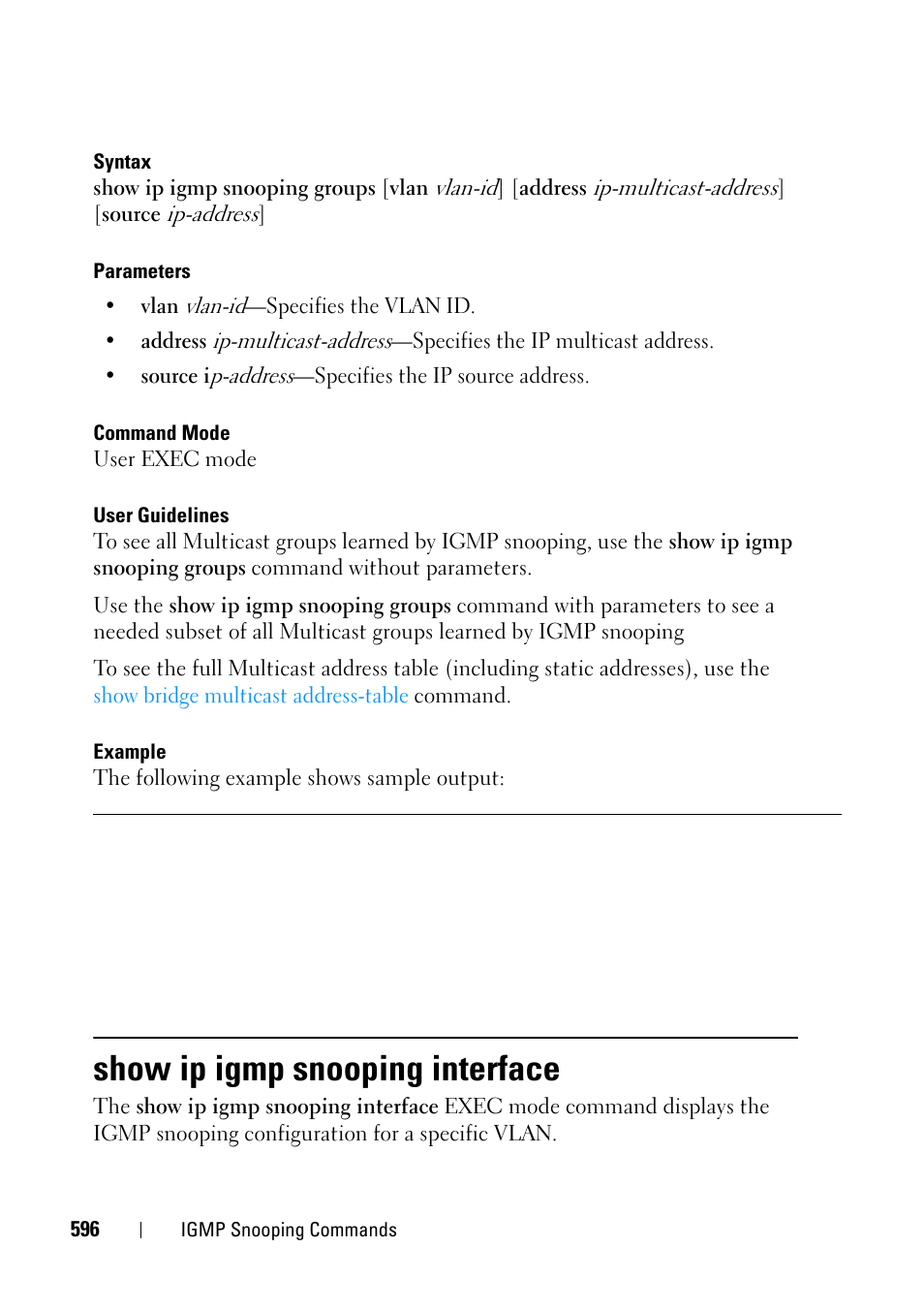 Show ip igmp snooping interface | Dell PowerEdge VRTX User Manual | Page 596 / 832