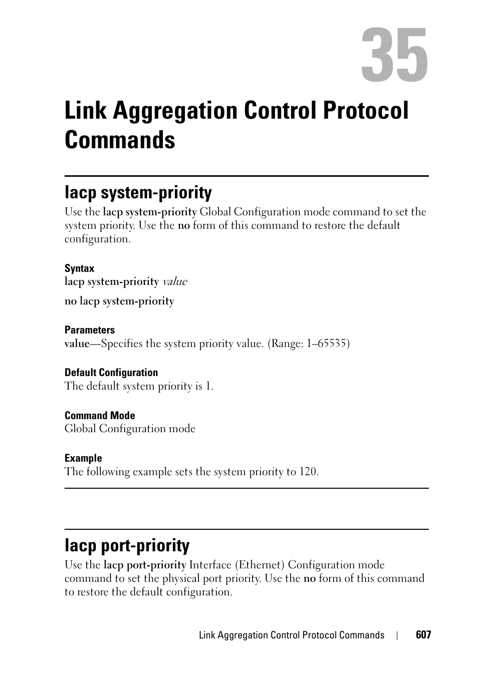 Link aggregation control protocol commands, Lacp system-priority, Lacp port-priority | 33 link aggregation control protocol commands 607 | Dell PowerEdge VRTX User Manual | Page 607 / 832