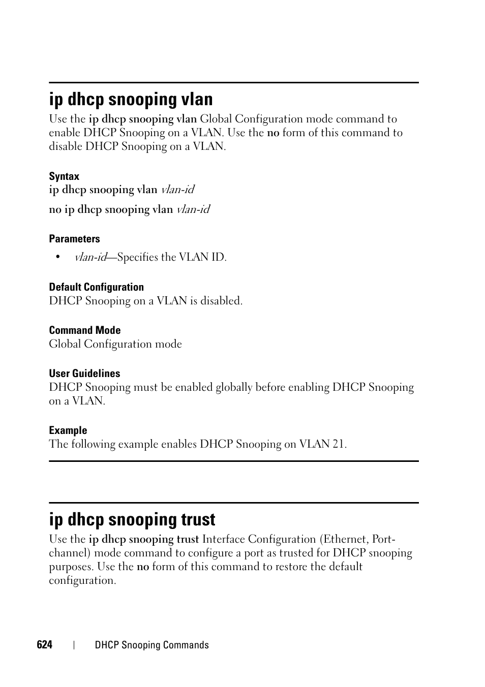 Ip dhcp snooping vlan, Ip dhcp snooping trust | Dell PowerEdge VRTX User Manual | Page 624 / 832