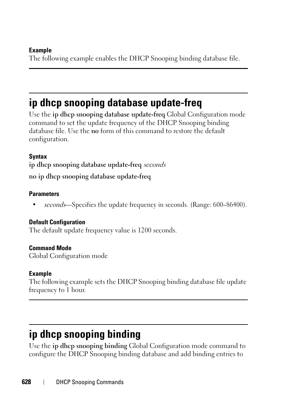 Ip dhcp snooping database update-freq, Ip dhcp snooping binding | Dell PowerEdge VRTX User Manual | Page 628 / 832