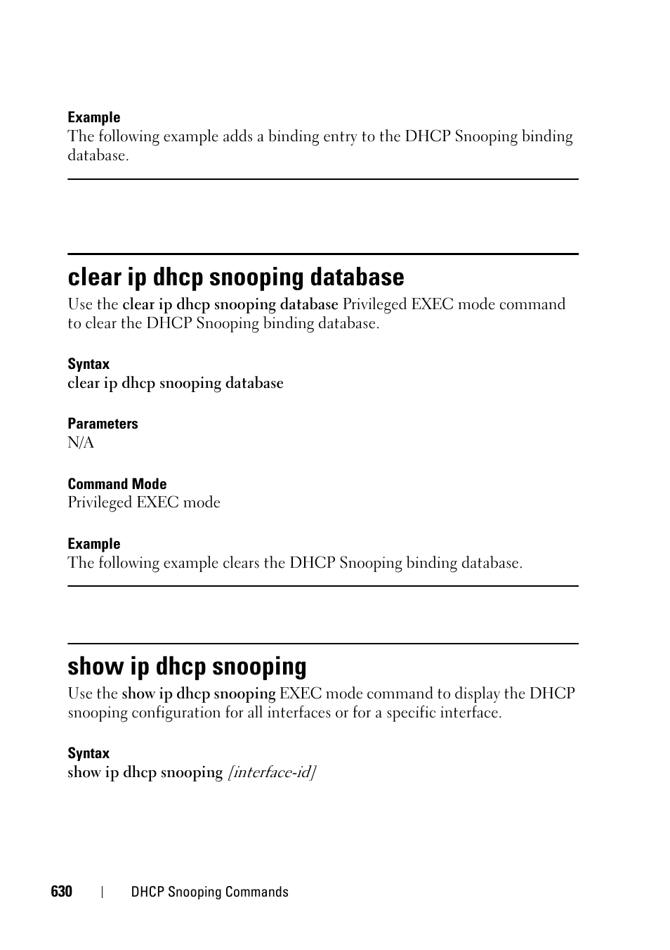 Clear ip dhcp snooping database, Show ip dhcp snooping | Dell PowerEdge VRTX User Manual | Page 630 / 832