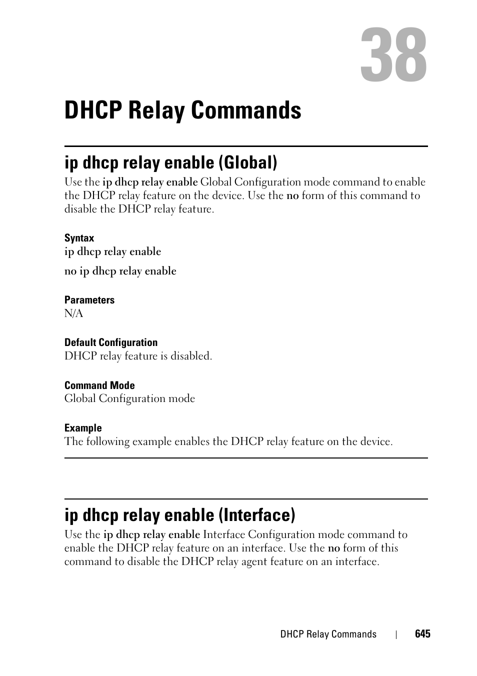 Dhcp relay commands, Ip dhcp relay enable (global), Ip dhcp relay enable (interface) | 36 dhcp relay commands | Dell PowerEdge VRTX User Manual | Page 645 / 832