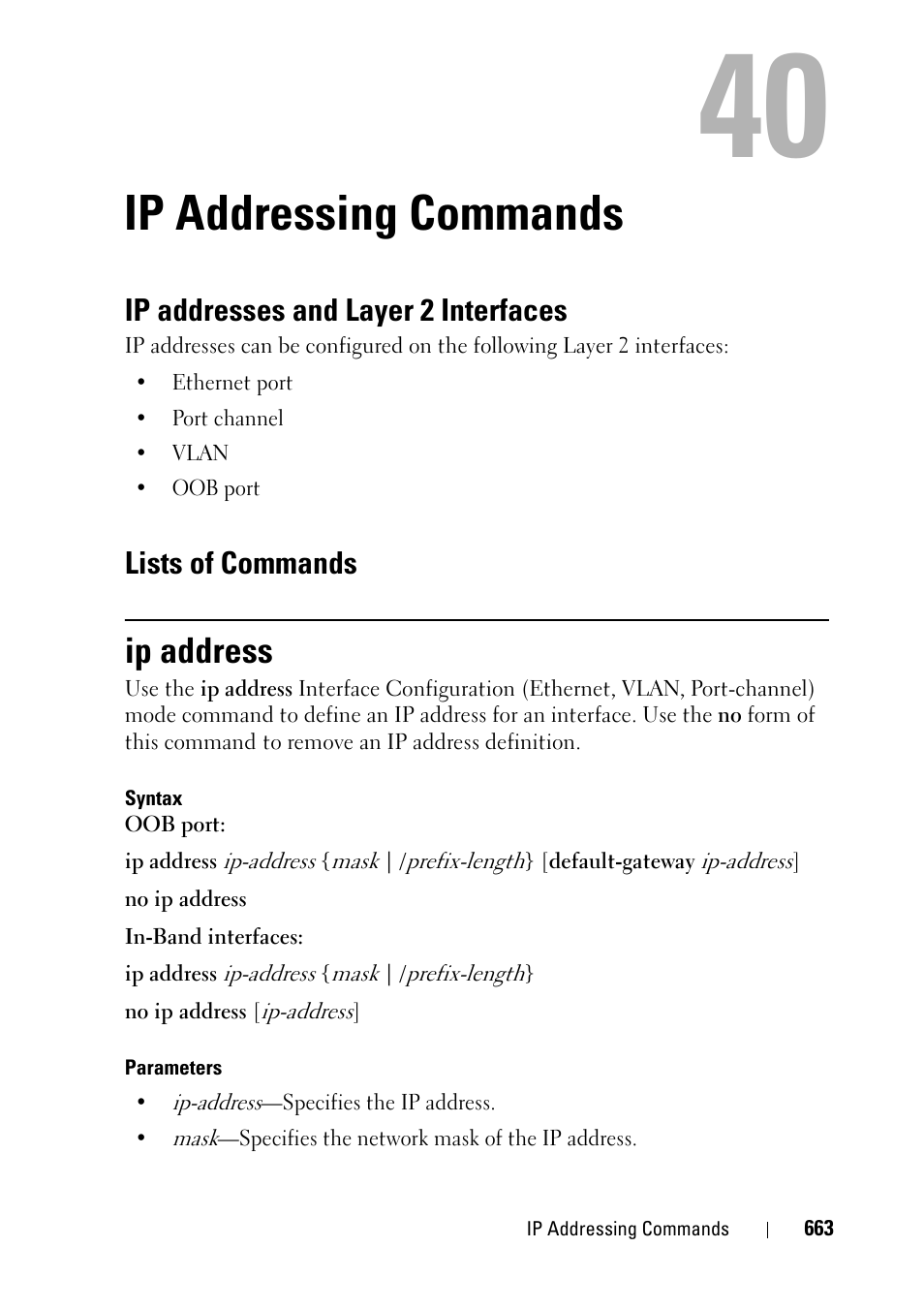 Ip addressing commands, Ip address, 38 ip addressing commands | Ip addresses and layer 2 interfaces, Lists of commands | Dell PowerEdge VRTX User Manual | Page 663 / 832