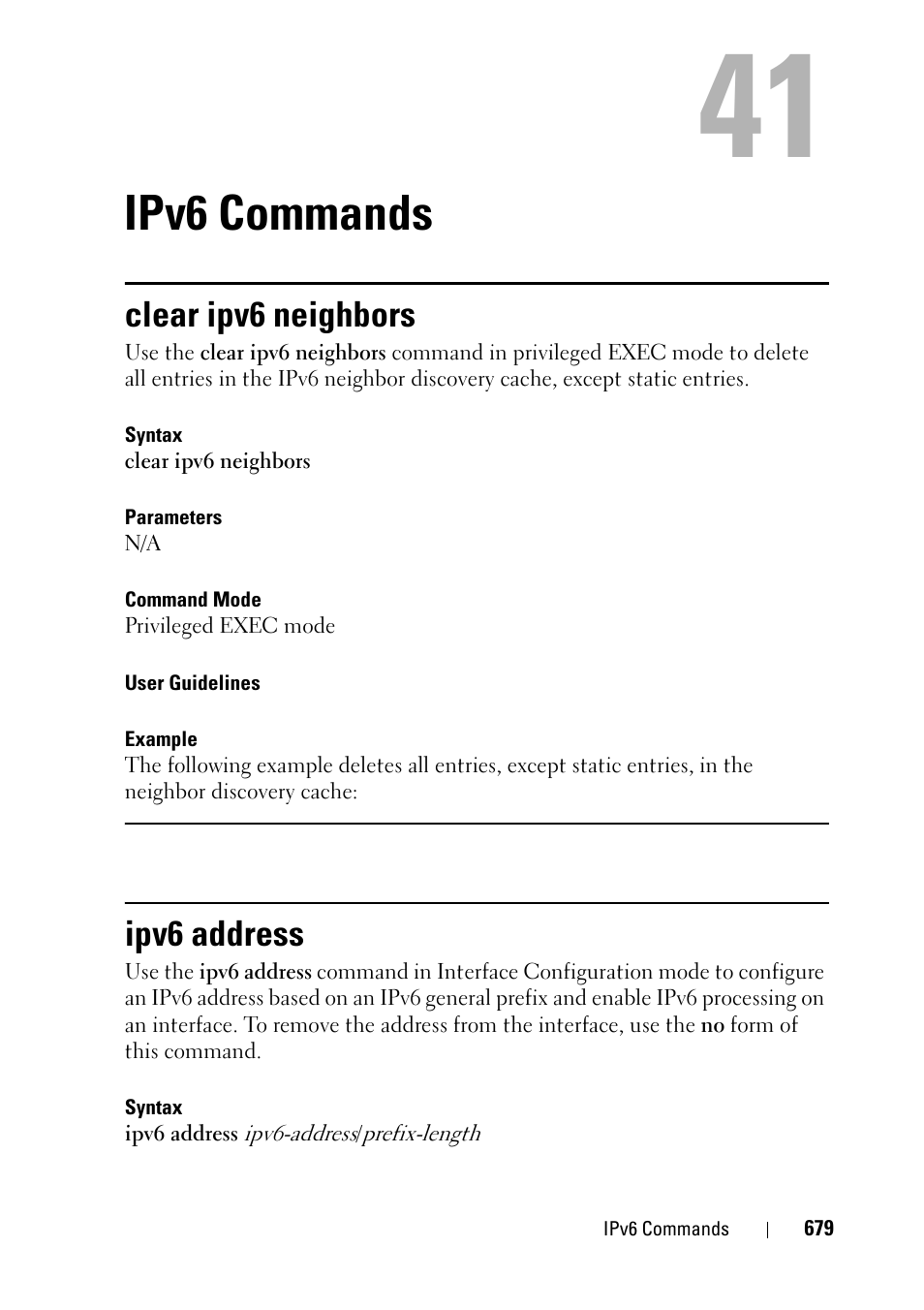Ipv6 commands, Clear ipv6 neighbors, Ipv6 address | 39 ipv6 commands | Dell PowerEdge VRTX User Manual | Page 679 / 832