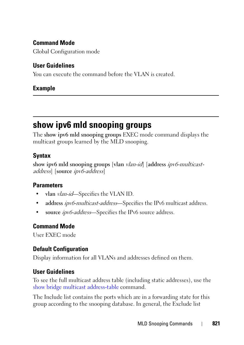 Show ipv6 mld snooping groups | Dell PowerEdge VRTX User Manual | Page 821 / 832