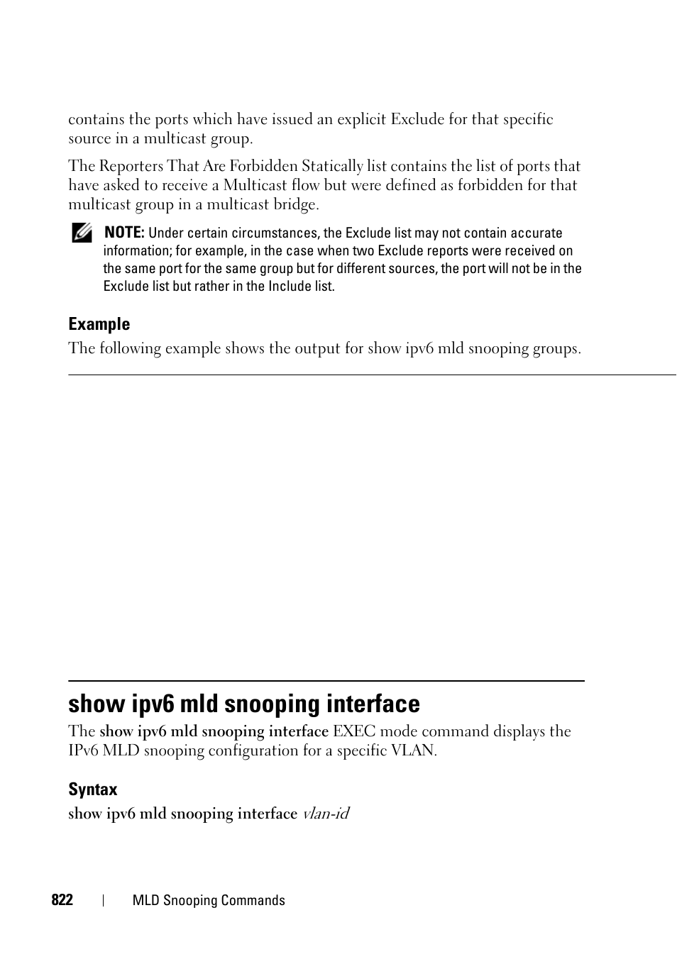 Show ipv6 mld snooping interface, Example, Syntax | Vlan-id | Dell PowerEdge VRTX User Manual | Page 822 / 832