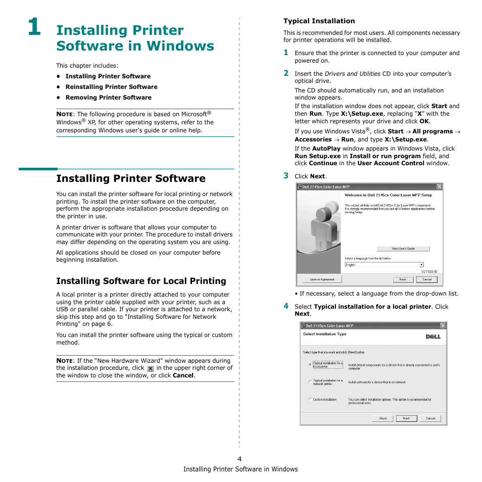 Installing printer software in windows, Installing printer software, Installing software for local printing | Dell 2145cn Multifunction Color Laser Printer User Manual | Page 103 / 141