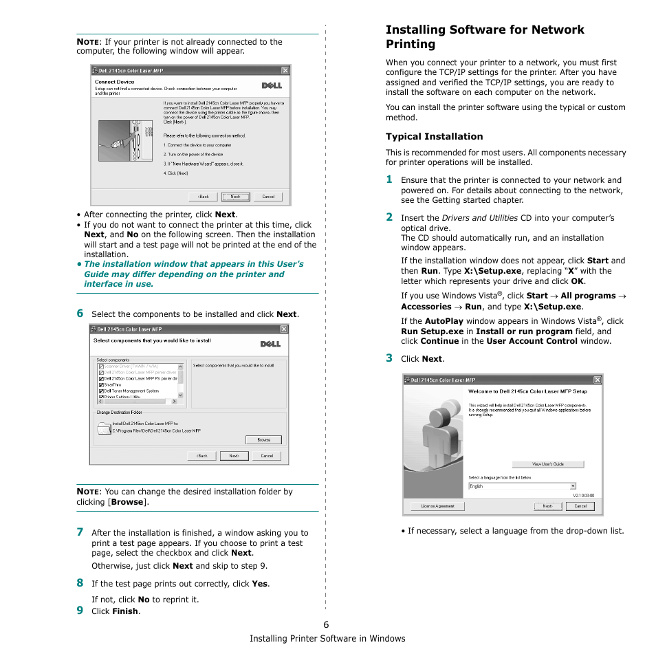 Installing software for network printing | Dell 2145cn Multifunction Color Laser Printer User Manual | Page 105 / 141