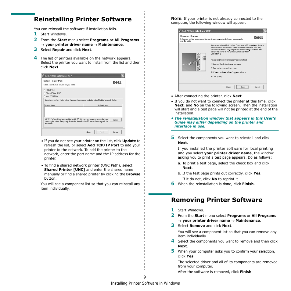 Reinstalling printer software, Removing printer software | Dell 2145cn Multifunction Color Laser Printer User Manual | Page 108 / 141