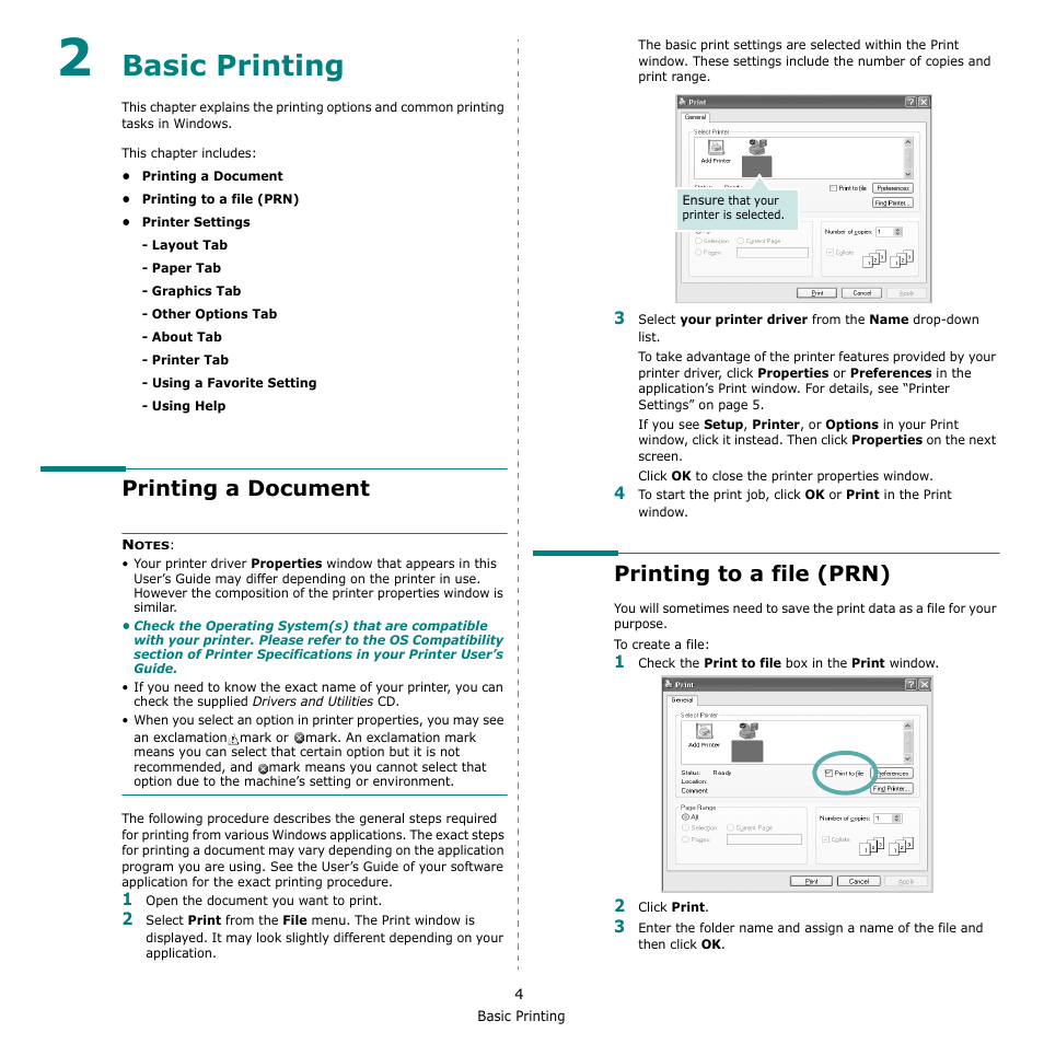 Basic printing, Printing a document, Printing to a file (prn) | Chapter 2, Printing a document printing to a file (prn) | Dell 2145cn Multifunction Color Laser Printer User Manual | Page 109 / 141