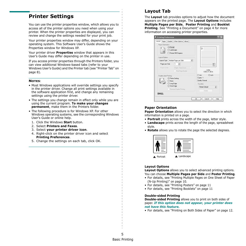 Printer settings, Layout tab | Dell 2145cn Multifunction Color Laser Printer User Manual | Page 110 / 141
