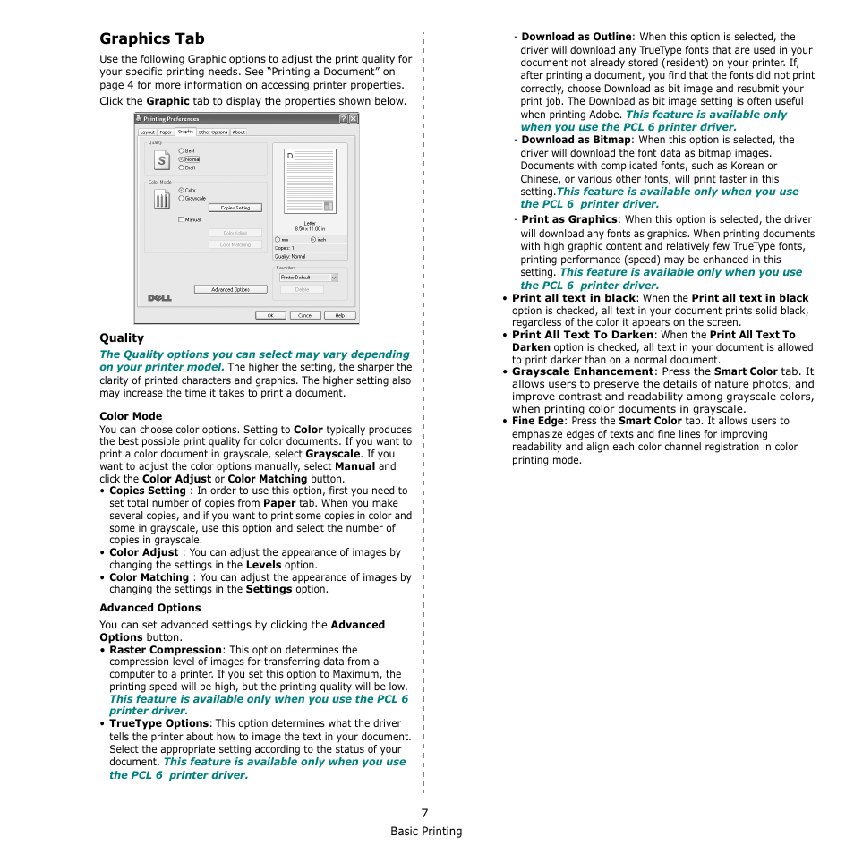 Graphics tab | Dell 2145cn Multifunction Color Laser Printer User Manual | Page 112 / 141