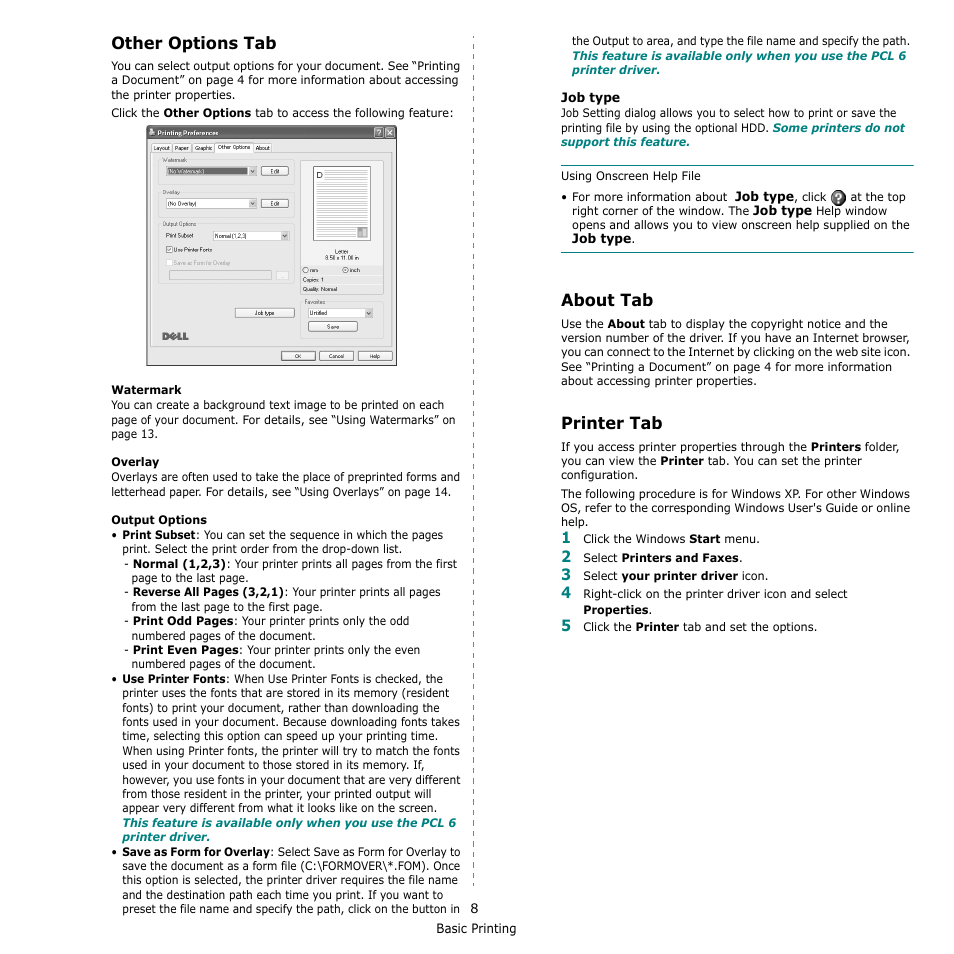 Other options tab, About tab, Printer tab | Other options tab about tab printer tab, Other options tab - about tab - printer tab | Dell 2145cn Multifunction Color Laser Printer User Manual | Page 113 / 141