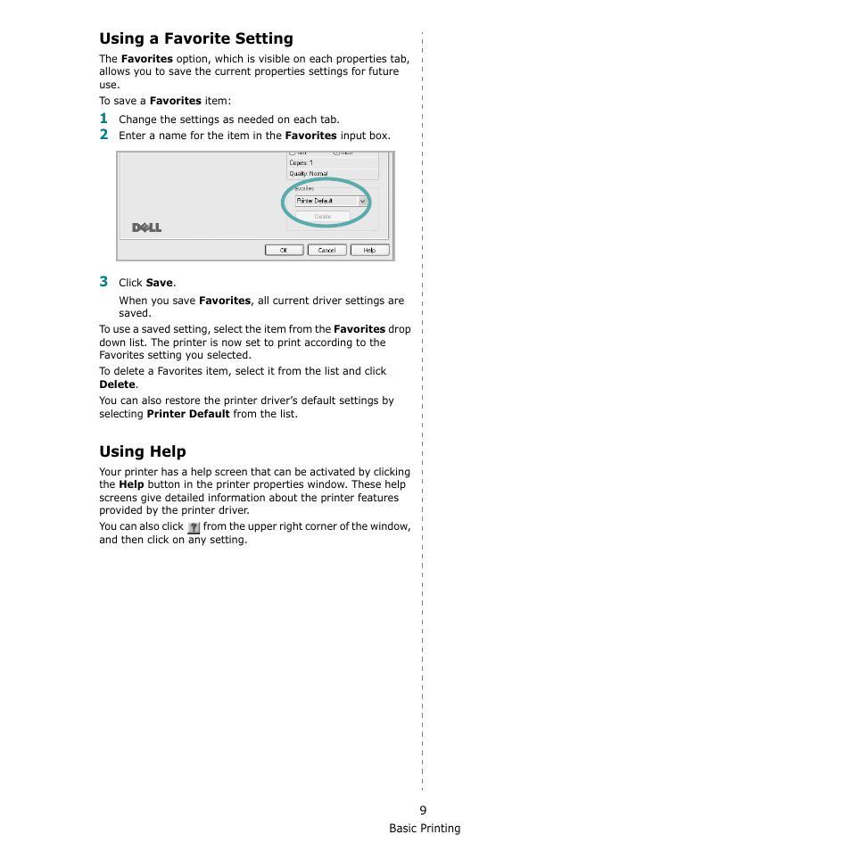 Using a favorite setting, Using help, Using a favorite setting using help | Using a favorite setting - using help | Dell 2145cn Multifunction Color Laser Printer User Manual | Page 114 / 141