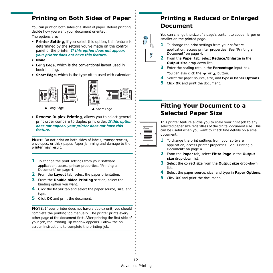 Printing on both sides of paper, Printing a reduced or enlarged document, Fitting your document to a selected paper size | E “printing a reduced or enlarged document” on, Fitting your document to a selected paper | Dell 2145cn Multifunction Color Laser Printer User Manual | Page 117 / 141