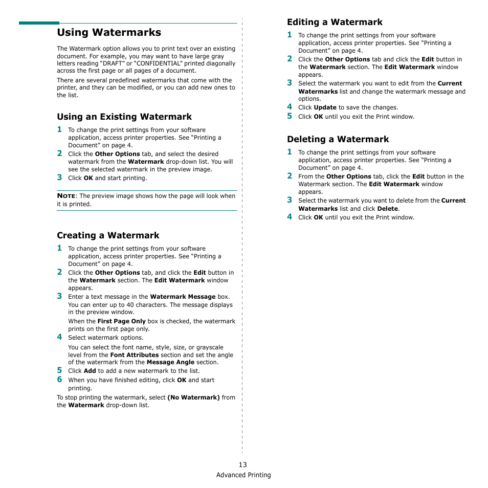 Using watermarks, Using an existing watermark, Creating a watermark | Editing a watermark, Deleting a watermark | Dell 2145cn Multifunction Color Laser Printer User Manual | Page 118 / 141