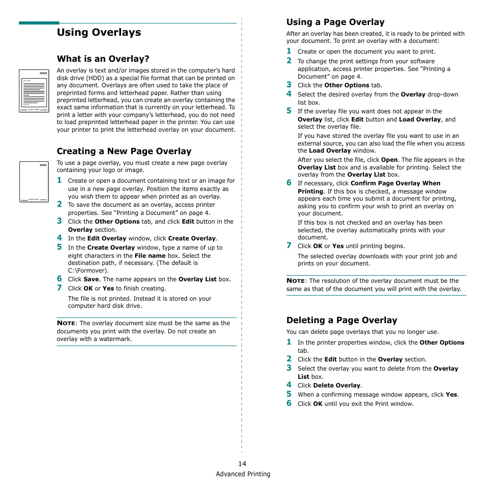 Using overlays, What is an overlay, Creating a new page overlay | Using a page overlay, Deleting a page overlay | Dell 2145cn Multifunction Color Laser Printer User Manual | Page 119 / 141