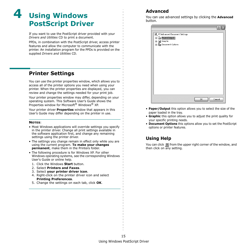 Using windows postscript driver, Advanced, Using help | Chapter 4, Advanced using help, Printer settings | Dell 2145cn Multifunction Color Laser Printer User Manual | Page 120 / 141