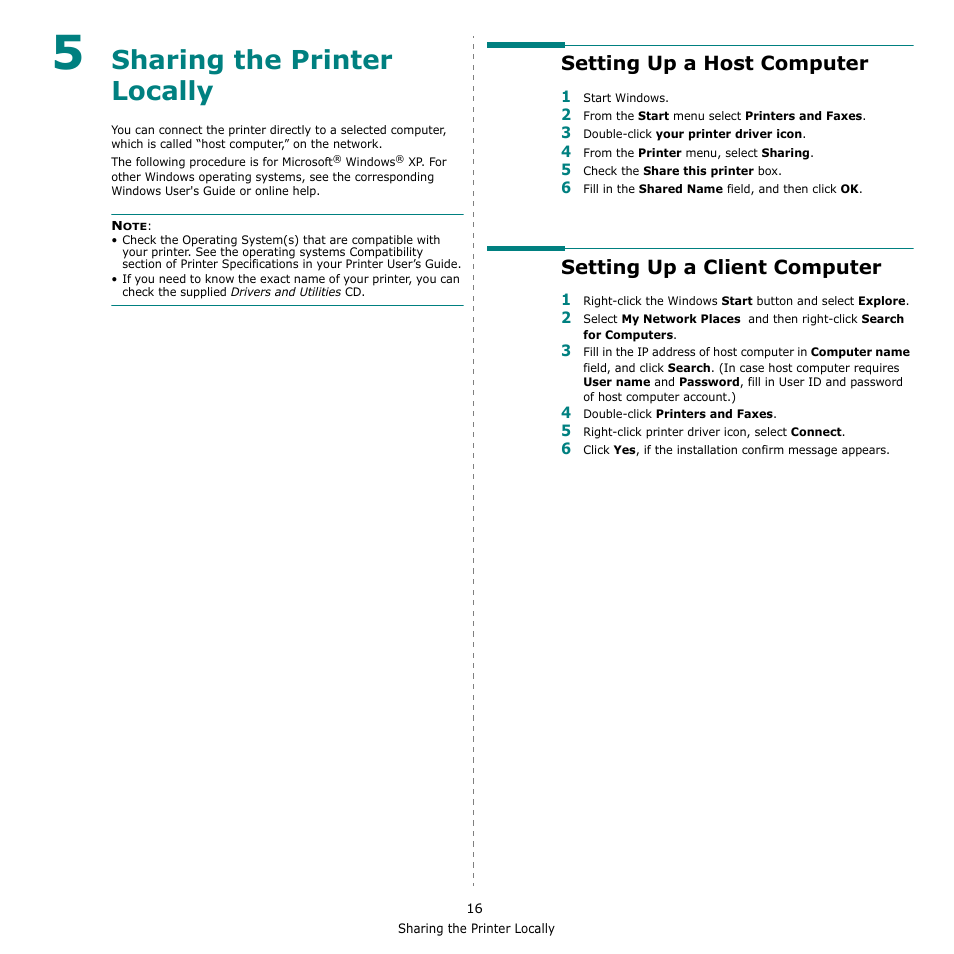 Sharing the printer locally, Setting up a host computer, Setting up a client computer | Chapter 5 | Dell 2145cn Multifunction Color Laser Printer User Manual | Page 121 / 141