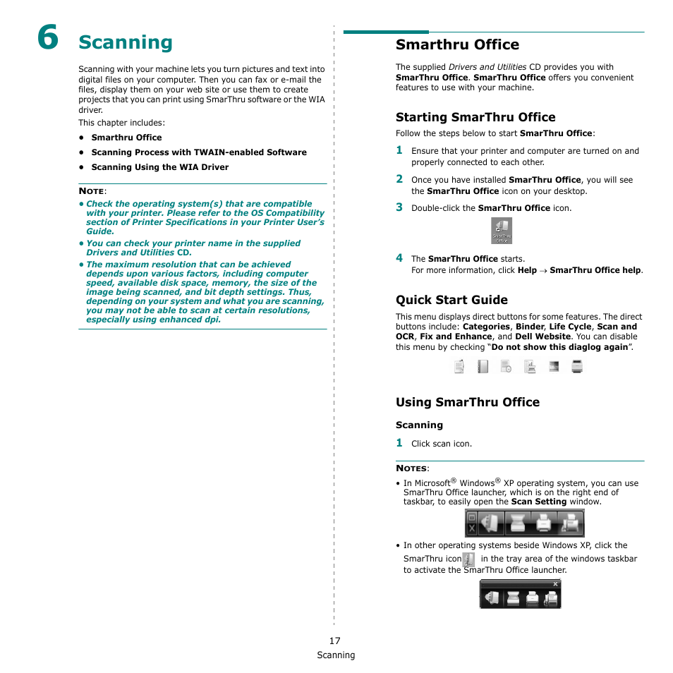 Scanning, Smarthru office, Starting smarthru office | Quick start guide, Using smarthru office, Chapter 6 | Dell 2145cn Multifunction Color Laser Printer User Manual | Page 122 / 141