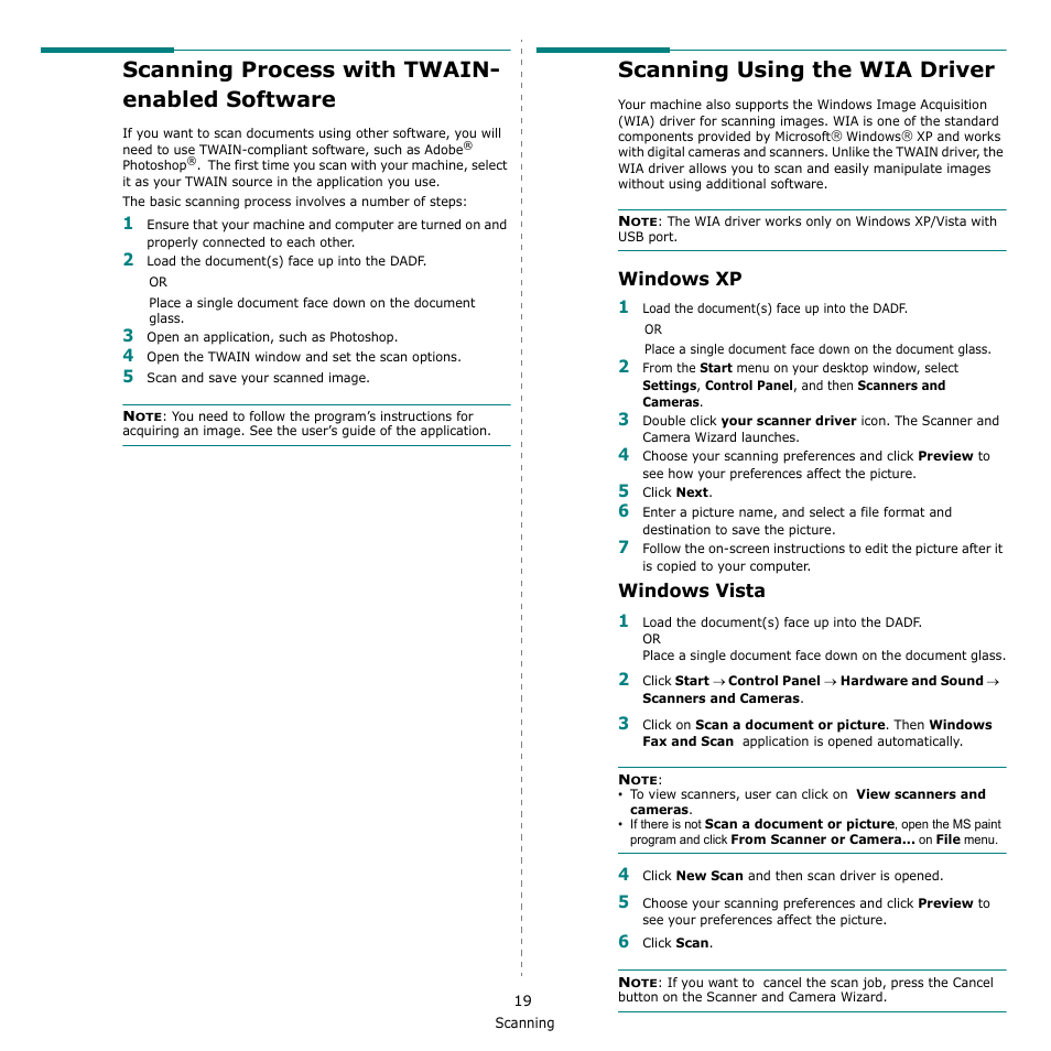 Scanning process with twain- enabled software, Scanning using the wia driver, Windows xp | Windows vista, Windows xp windows vista | Dell 2145cn Multifunction Color Laser Printer User Manual | Page 124 / 141