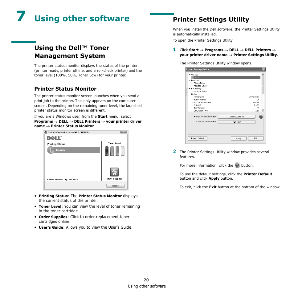 Using other software, Using the dell™ toner management system, Printer status monitor | Printer settings utility, Chapter 7 | Dell 2145cn Multifunction Color Laser Printer User Manual | Page 125 / 141