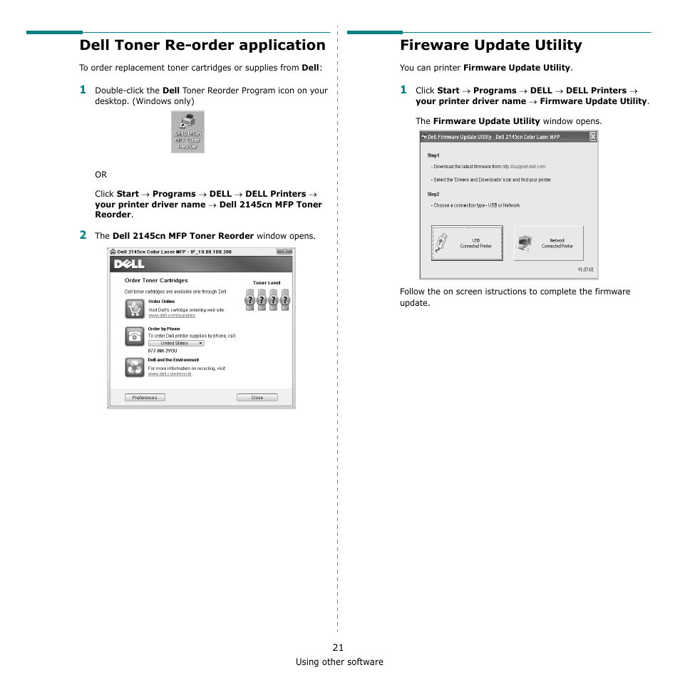 Dell toner re-order application, Fireware update utility | Dell 2145cn Multifunction Color Laser Printer User Manual | Page 126 / 141