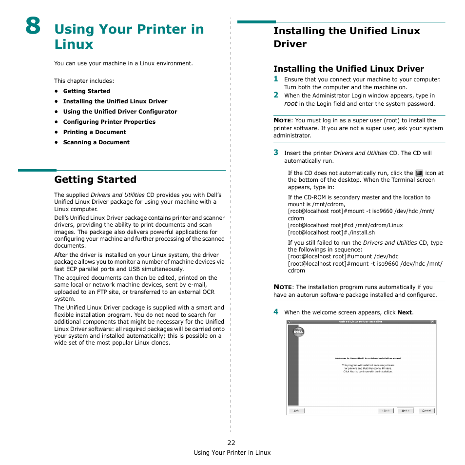 Using your printer in linux, Getting started, Installing the unified linux driver | Chapter 8 | Dell 2145cn Multifunction Color Laser Printer User Manual | Page 127 / 141