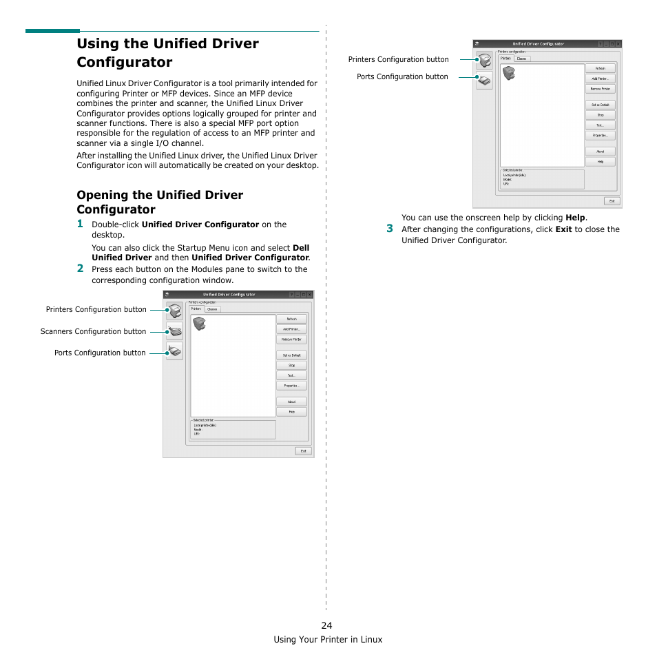 Using the unified driver configurator, Opening the unified driver configurator | Dell 2145cn Multifunction Color Laser Printer User Manual | Page 129 / 141