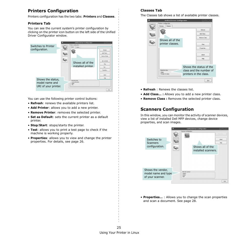 Printers configuration, Scanners configuration, Printers configuration scanners configuration | Dell 2145cn Multifunction Color Laser Printer User Manual | Page 130 / 141