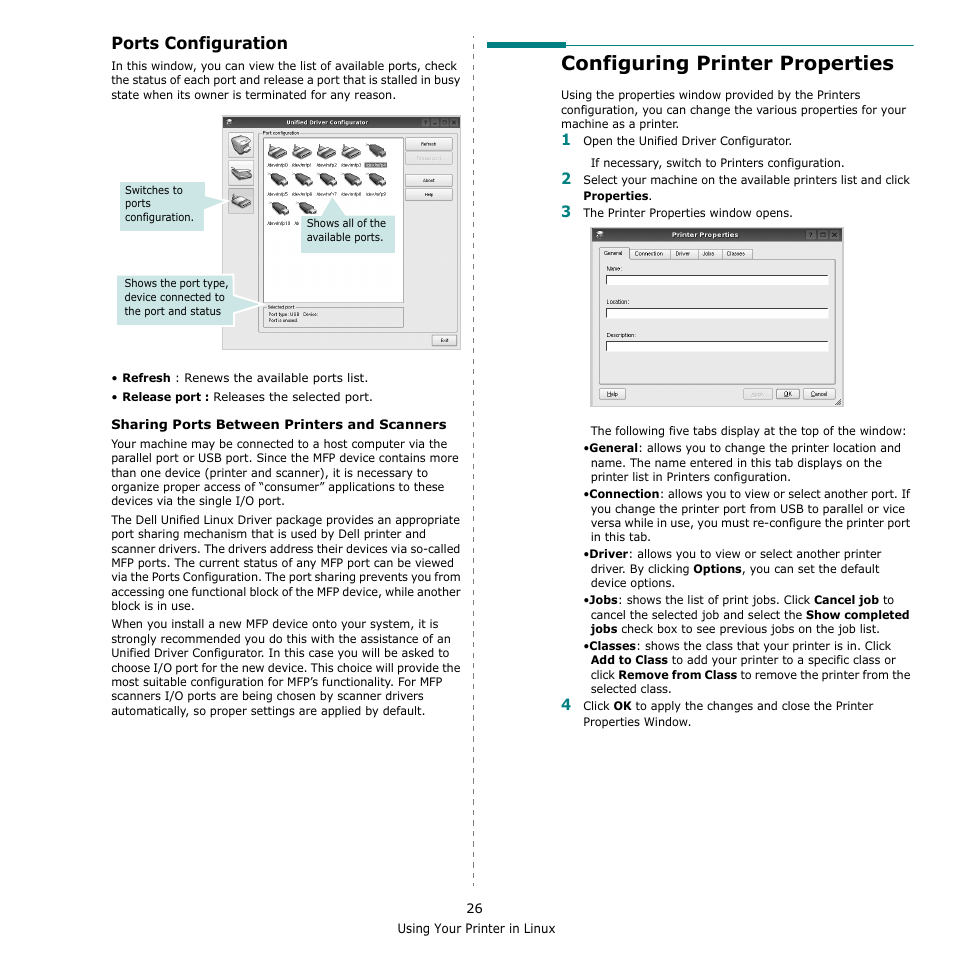 Ports configuration, Configuring printer properties | Dell 2145cn Multifunction Color Laser Printer User Manual | Page 131 / 141