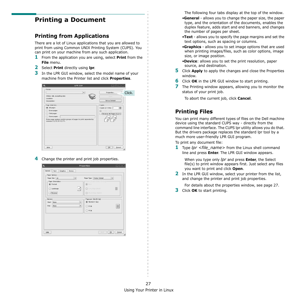 Printing a document, Printing from applications, Printing files | Printing from applications printing files | Dell 2145cn Multifunction Color Laser Printer User Manual | Page 132 / 141