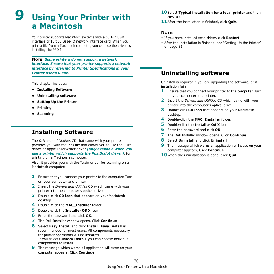 Using your printer with a macintosh, Installing software, Uninstalling software | Chapter 9, Installing software uninstalling software | Dell 2145cn Multifunction Color Laser Printer User Manual | Page 135 / 141