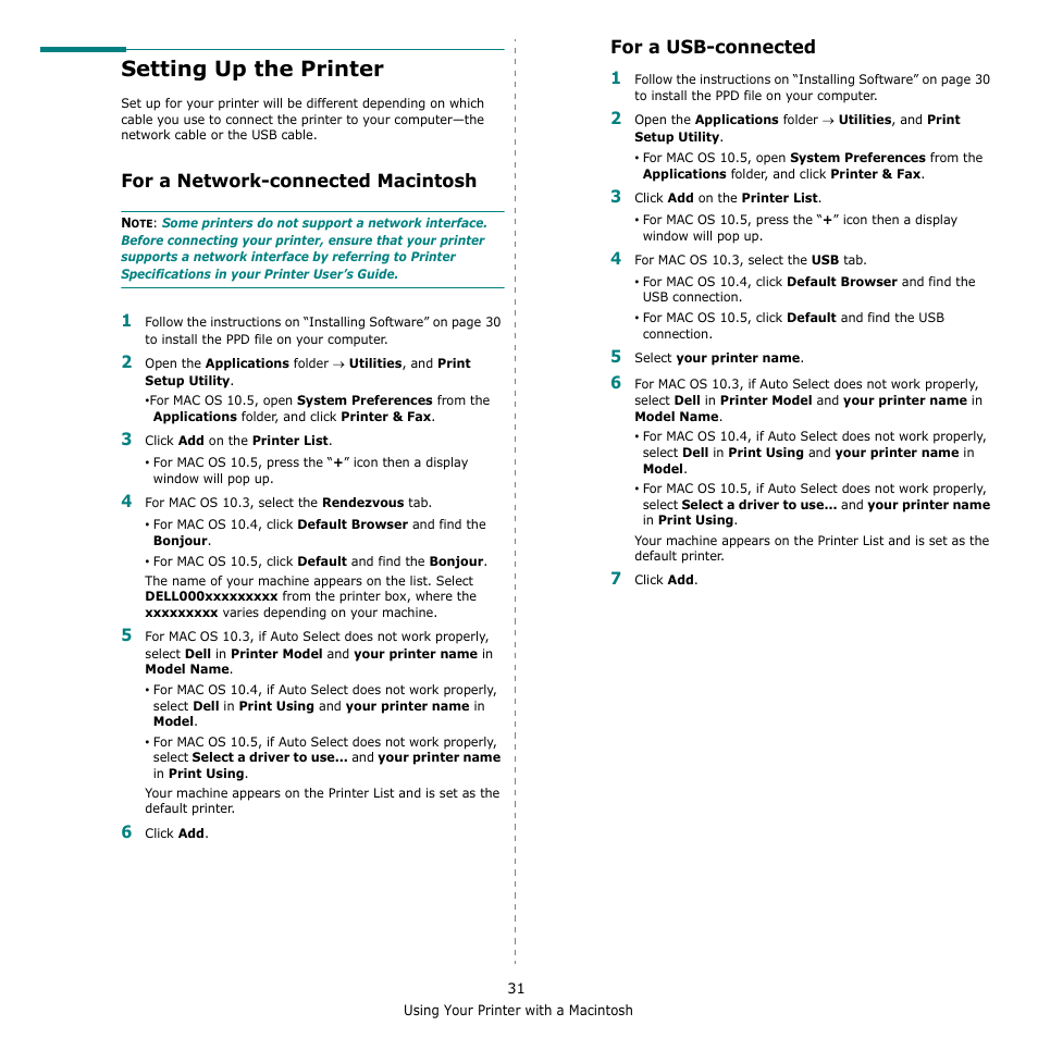 Setting up the printer, For a network-connected macintosh, For a usb-connected | E “setting up the printer | Dell 2145cn Multifunction Color Laser Printer User Manual | Page 136 / 141